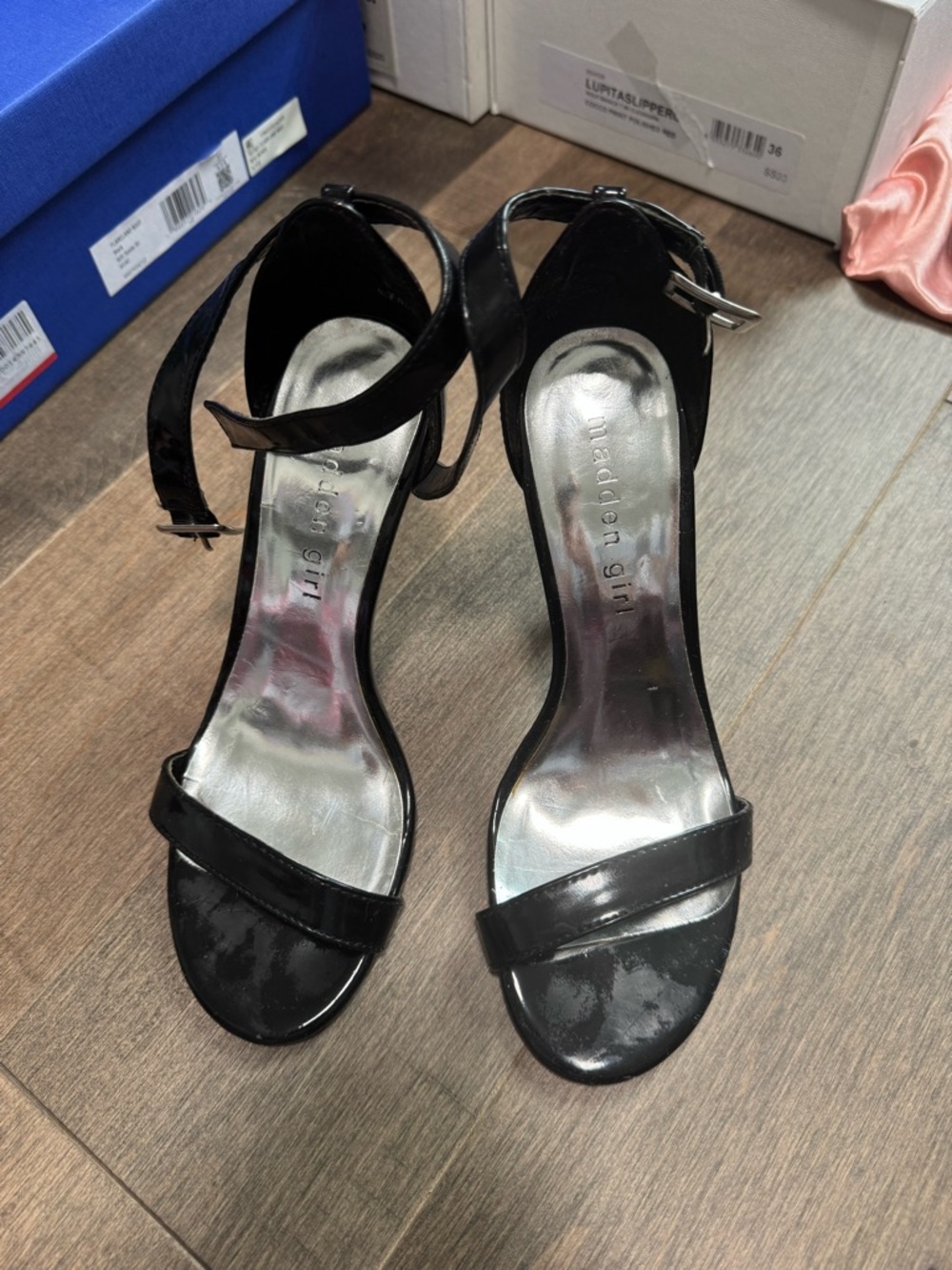 Madden Girl Black Patent Ankle Strap Heels with Silver Insole